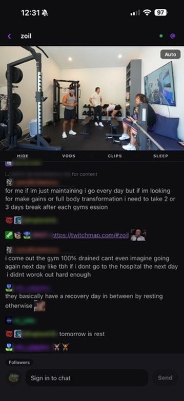 A live stream playing above a running chat