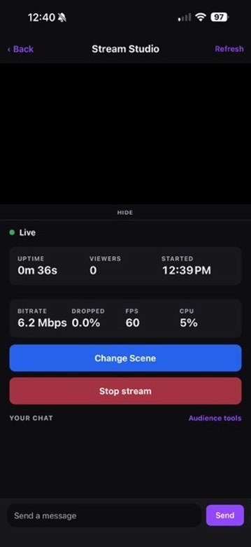 Stream Studio showing uptime, viewers, bitrate, and FPS
